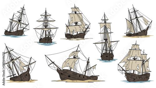 Collection of vintage sailing ships and wooden shipwrecks depicted in a classic hand drawn style on a plain white background for design.