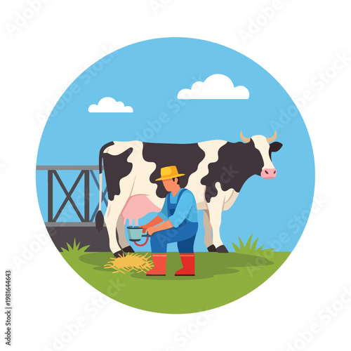 A farmer in hat and boots milking a black and white cow in a grassy farm field