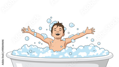 Happy young boy laughing and playing with soap bubbles while taking a bath in a large white tub with his arms outstretched in joy.