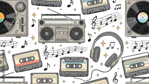 Nostalgic retro music seamless pattern with boomboxes cassette tapes vinyl records and headphones accented with musical notes and stars.