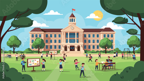 Lively school campus scene with children playing on the lawn near a large brick academic building under a bright sunny sky with trees.