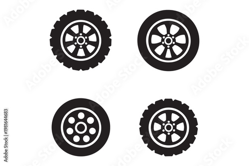 Car Tire Wheel Outline Icons Set Automotive Rim Tyre Vector Collection