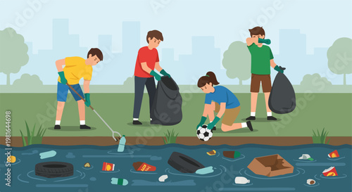 People working together to clean plastic and trash from a polluted city river