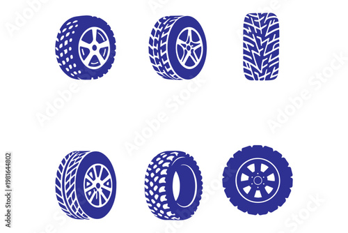 Car wheel icons set, alloy rim designs collection, automotive tire symbols outline and solid vector