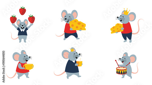 Adorable illustrations of cute grey mice celebrating with strawberries cheese musical instruments and crowns in a fun cartoon art style.