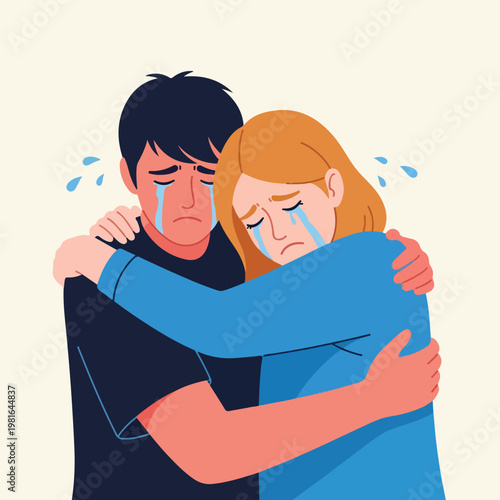 A man and woman are embracing each other tightly while crying with tears of grief