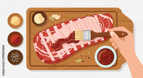A hand uses a brush to glaze raw pork ribs on a wooden cutting board with spices