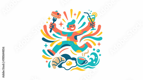 Joyful Person Celebrating Breakfast with Food and Drinks