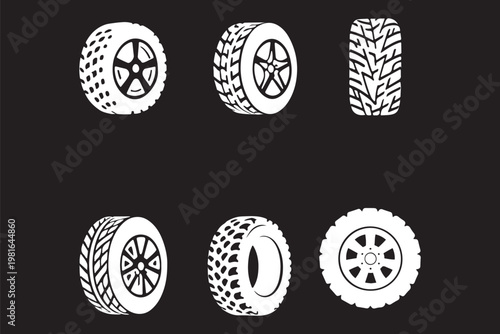Black and white illustrations of car tires with different wheel designs isolated on white background