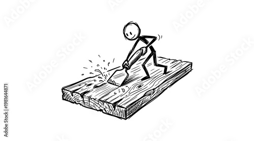 Stick Figure Carpenter Working on a Wooden Plank