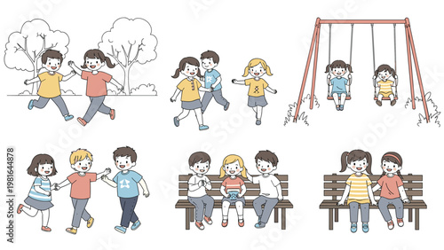 Group of young children playing on a playground including swinging on swings and sitting on park benches in a simple hand drawn style.
