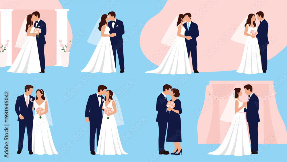 Obraz premium Set of wedding couples in various romantic poses including kissing and holding hands in formal attire for bridal and marriage celebrations.