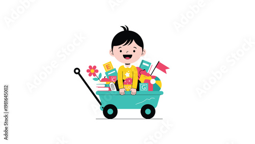 Cheerful young boy sitting in a blue wagon filled with colorful toys books and flowers in a flat vector illustration style on white.