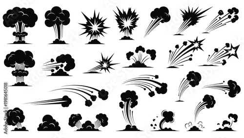 Collection of black explosion silhouettes smoke clouds and fire trail shapes representing various blast effects for comic book designs.
