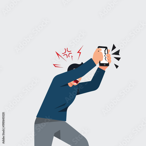 An angry man is about to smash his broken smartphone on the ground in a rage