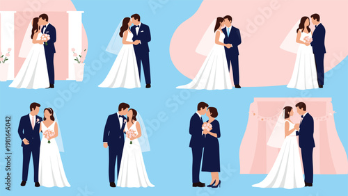 Set of wedding couples in various romantic poses including kissing and holding hands in formal attire for bridal and marriage celebrations.