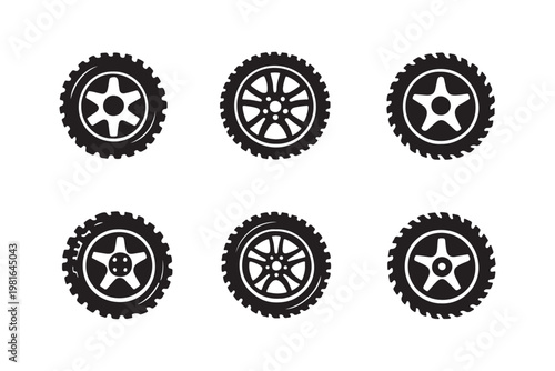 Black and white illustrations of car tires with different wheel designs isolated on white background