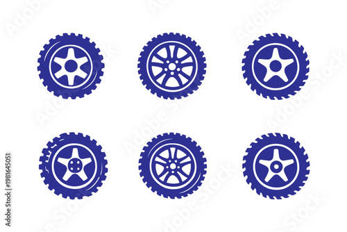 Black and white illustrations of car tires with different wheel designs isolated on white background