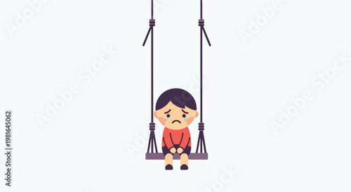 A sad, lonely child with tears sitting on a playground swing against white