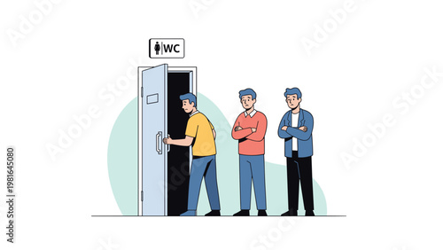 Three men waiting in a long line for a public restroom with an impatient and uncomfortable expression while one person enters the toilet.
