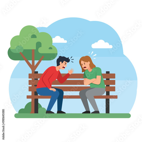 A man and woman sit on a park bench, yelling and arguing with angry expressions