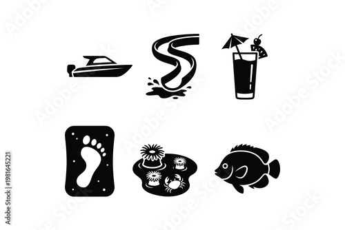 Summer Vacation and Water Park Icon Set Vector - Tropical Beach and Marine Life Silhouette Collection