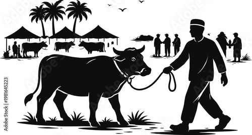 Man leading a cow in a market with tents and palm trees animal husbandry food production domesticated animal livestock commerce illustration silhouette business agriculture countryside