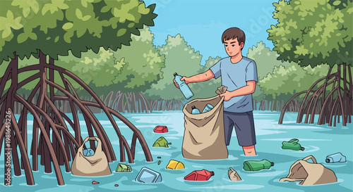 A person picks up plastic waste from the water in a mangrove forest ecosystem