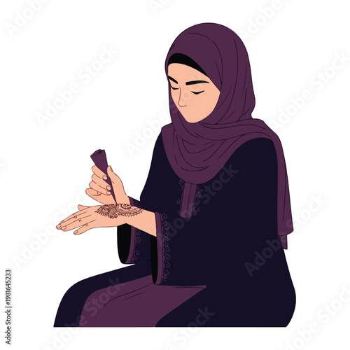 A woman wearing a purple hijab applies intricate henna to her hand with a cone