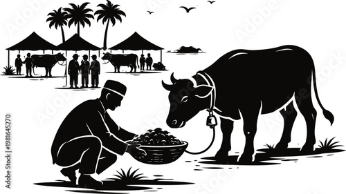 Man feeding a cow at a livestock market with tents and palm trees in background farm animal husbandry livestock management livestock agriculture domestic commerce business nurturing