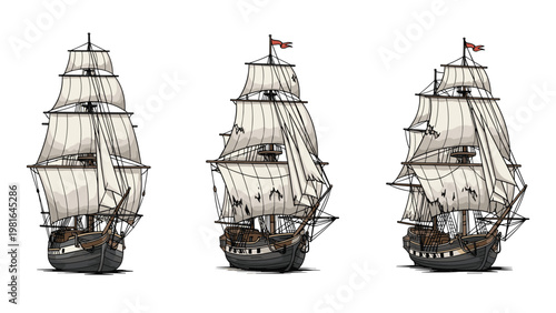 Detailed hand-drawn set of a vintage sailing ship or galleon shown from three different perspective views on a white background.