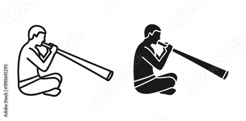 Cultural Aboriginal man playing didgeridoo icon, traditional wind instrument vector, indigenous music set – Minimal Line Art