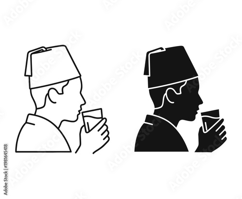 Cultural Turkish man wearing fez drinking water, middle eastern culture icons, 2 vector set – Minimal Line Art