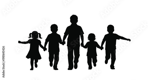 Silhouette of a family holding hands and walking together happily