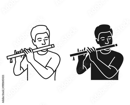 Cultural Minimalist flute player icons, musician playing woodwind instrument, black and white vector set – Minimal Line Art