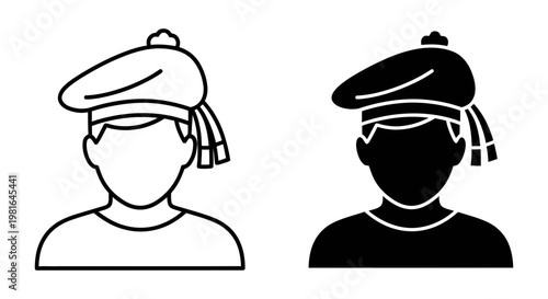 Cultural Scottish man wearing traditional tam o' shanter hat, highland culture icon set, vector avatar – Minimal Line Art