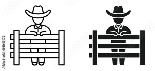 Cultural Cowboy icon set, western rancher leaning on wooden fence, farm worker vector – Minimal Line Art