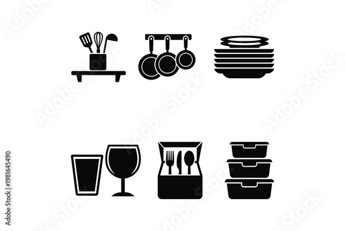 Kitchen Utensils and Cookware Icon Set Vector - Cooking Tools and Dining Equipment Symbols Collection