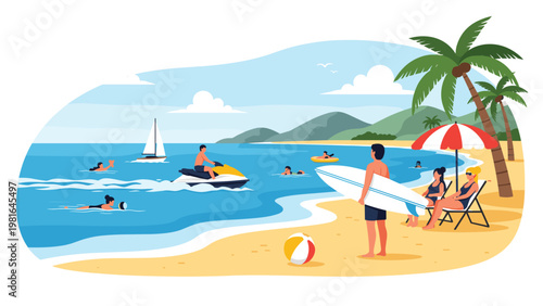 Vibrant tropical beach scene with people enjoying activities like surfing, jet skiing, swimming, and sunbathing on lounge chairs.