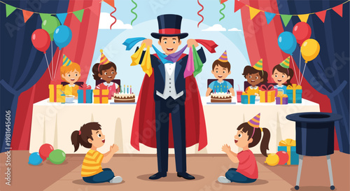 A magician performs a trick with colorful scarves for kids at a birthday party
