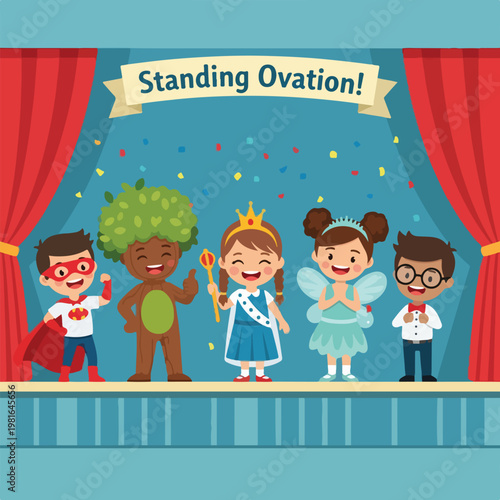 Children in various costumes standing on a stage during a school play performance