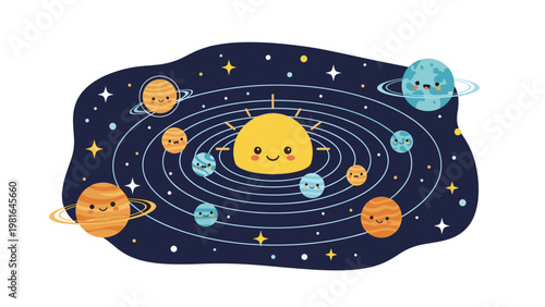 Cute solar system illustration featuring the sun and various planets with happy faces orbiting in a dark starry space background.