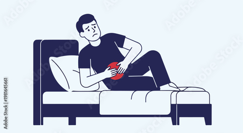 A distressed man lies in bed clutching his stomach, indicating abdominal pain