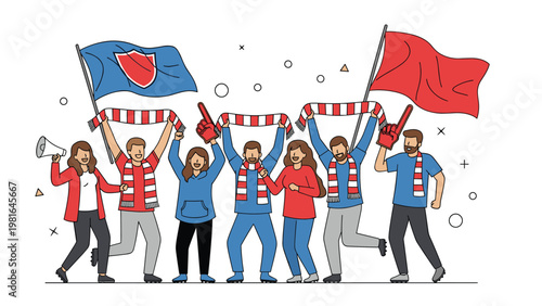 Excited sports fans cheering for their team with flags, scarves, and foam fingers in a lively celebratory atmosphere during a game.