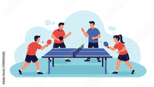 Active people playing table tennis in a sports hall with players hitting balls across the net during a competitive match.