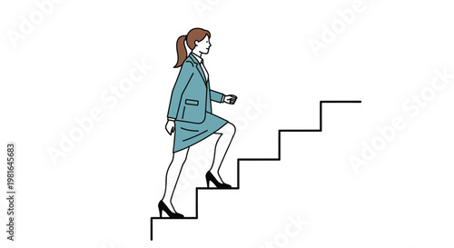 Businesswoman in a teal suit confidently ascending a set of stairs towards career success and professional growth.