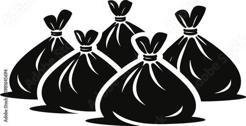 Pile of trash bags with black and white trash can collection disposal cleaning hazardous recycling environment household illustration clean
