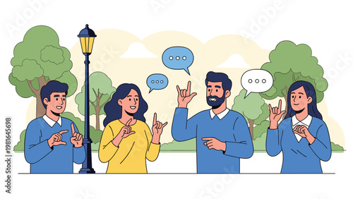 Group of diverse people communicating through sign language in a public park setting with green trees and a street lamp post.