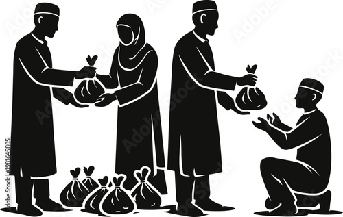Illustration of people distributing bags of food or alms with black and white