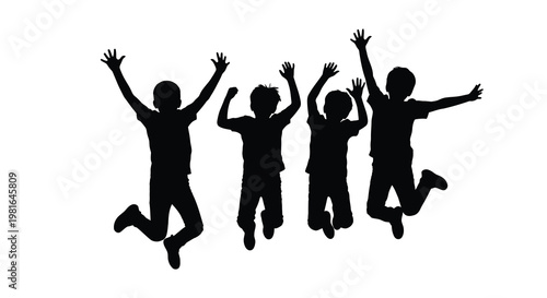 Silhouettes of four children joyfully jumping with arms raised high